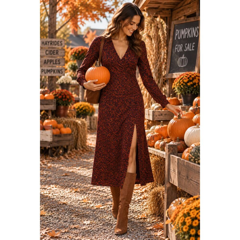 Free People Shayla Floral Wrap Midi Dress Long Sleeve Maroon Boho Size S NWT
